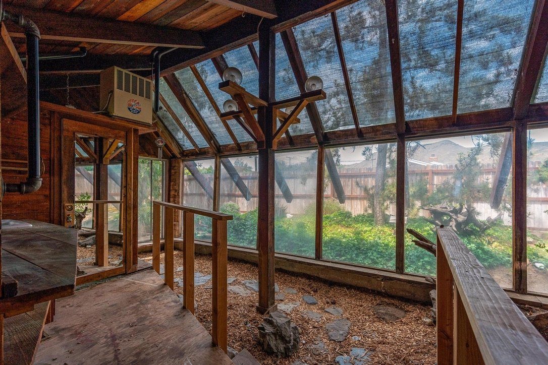Interior of greenhouse showing dirt floor, old equipment, and structural bones
