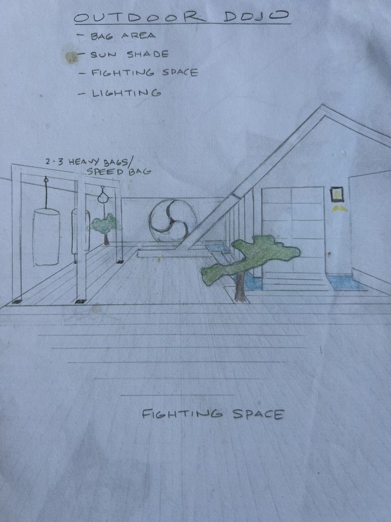 Design concept sketch showing dojo layout with training area and torii gate